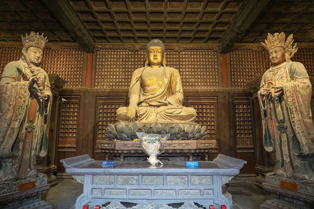 Miniature of Buddha Triad from Rulai Hall (Rulaidian, Tathagatha Hall or Shakyamuni Hall), Shakyamuni, Indra, and Brahma Buddha