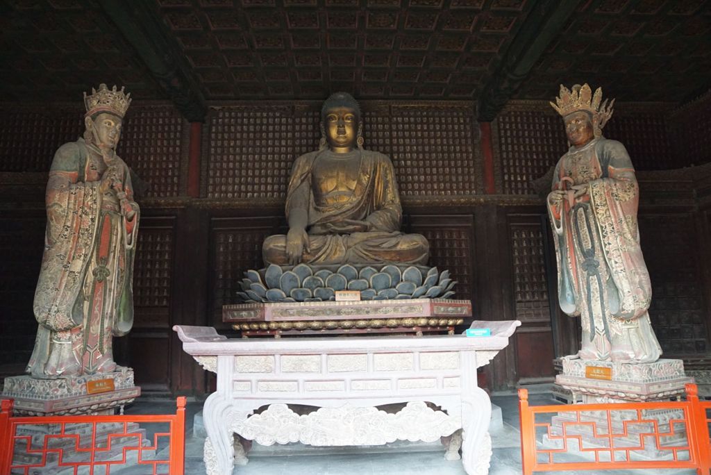Miniature of Buddha Triad from Rulai Hall (Rulaidian, Tathagatha Hall or Shakyamuni Hall), Shakyamuni, Indra, and Brahma Buddha