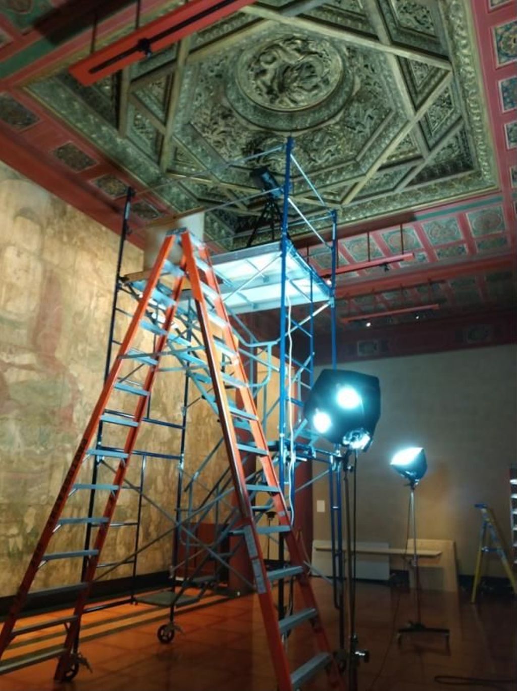 Miniature of Coffered Ceiling from Wanfo Pavilion (Wanfoge, Ten Thousand Buddhas Pavilion), research team conducting scanning