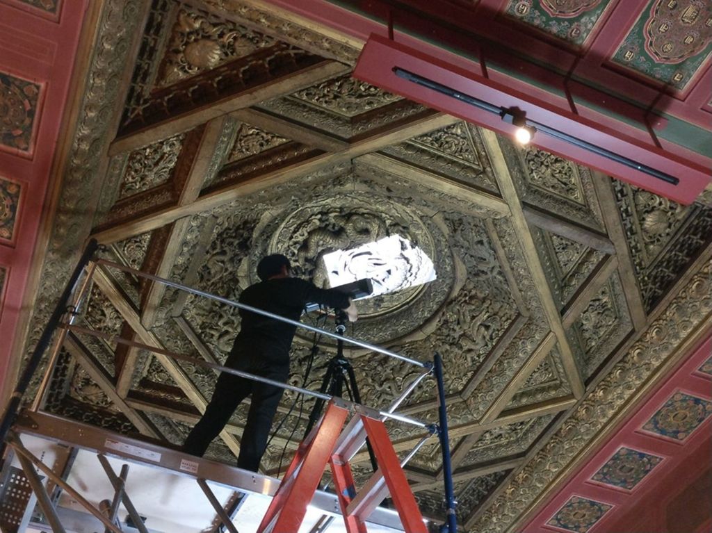 Miniature of Coffered Ceiling from Wanfo Pavilion (Wanfoge, Ten Thousand Buddhas Pavilion), research team conducting scanning