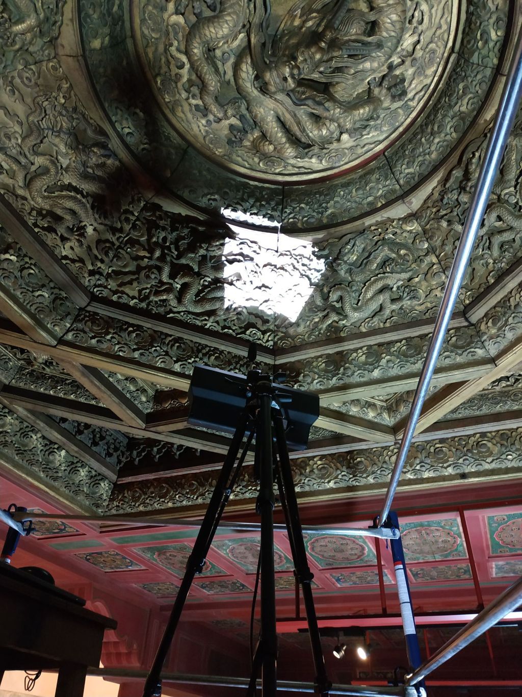 Miniature of Coffered Ceiling from Wanfo Pavilion (Wanfoge, Ten Thousand Buddhas Pavilion), research team conducting scanning