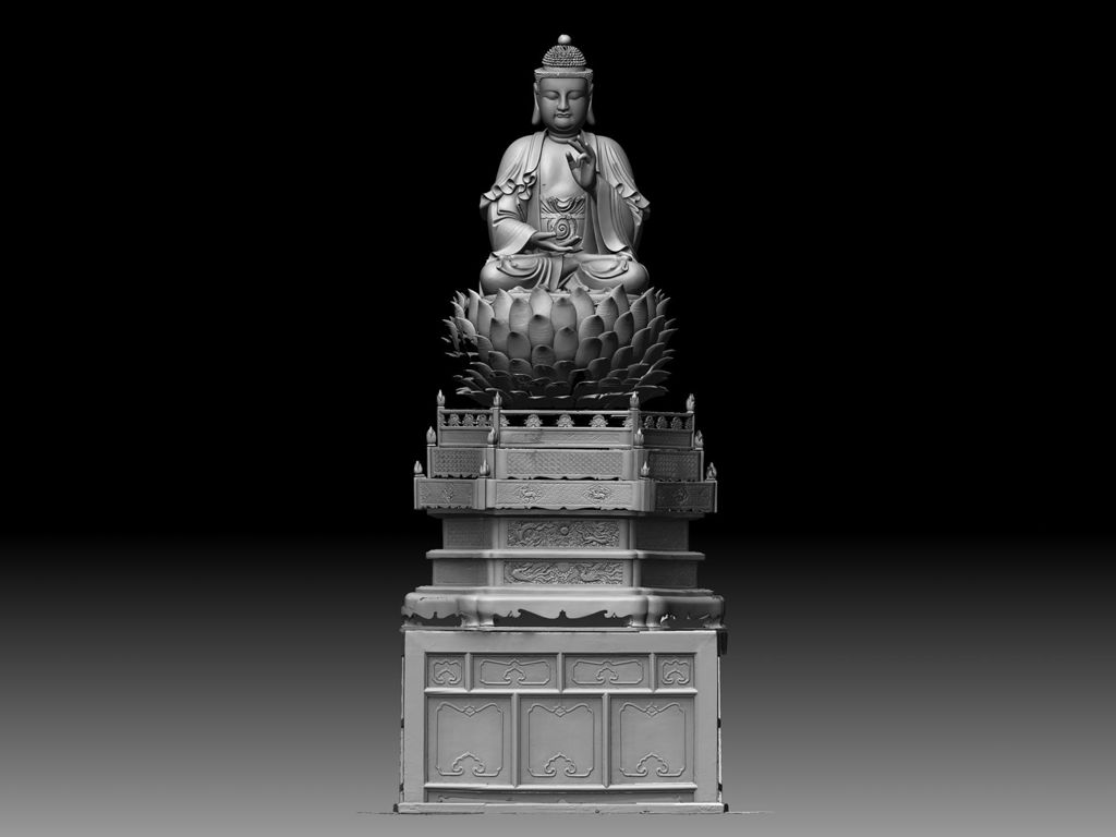 Miniature of Buddha Triad from Wanfo Pavilion (Wanfoge, Ten Thousand Buddhas Pavilion), Rocana Buddha digital reconstruction