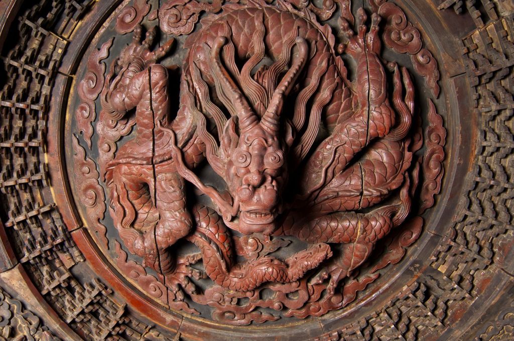 Miniature of Coffered Ceiling from Zhihua Hall (Zhihuadian, Hall of Transforming Wisdom), central five-clawed dragon