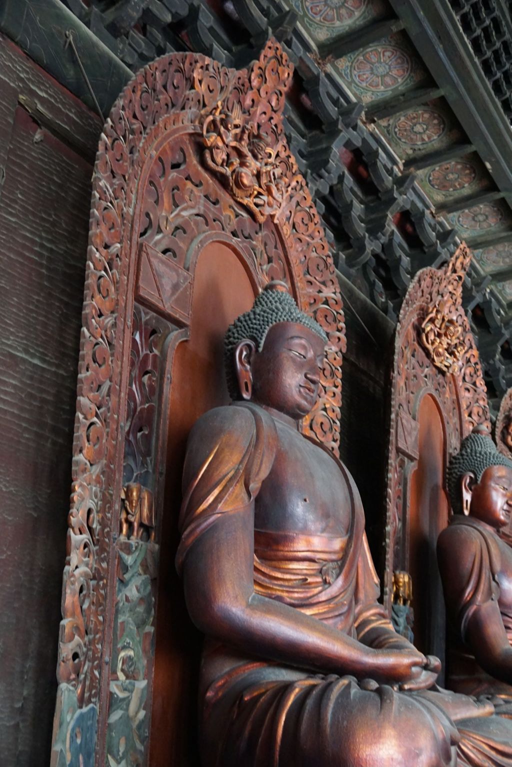 Miniature of Dazhi Hall (Dazhidian, Hall of Great Wisdom), three seated bodhisattvas