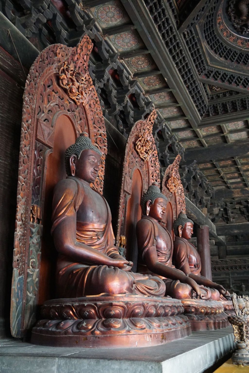Miniature of Dazhi Hall (Dazhidian, Hall of Great Wisdom), three seated bodhisattvas